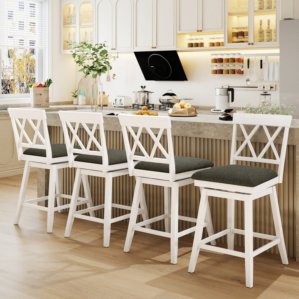 Set of 2 Swivel Counter Stools with White Cross Backs and Linen Seats, 24 Inch