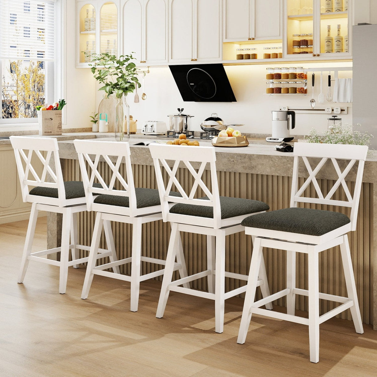Set of 2 Swivel Counter Stools with White Cross Backs and Linen Seats, 24 Inch