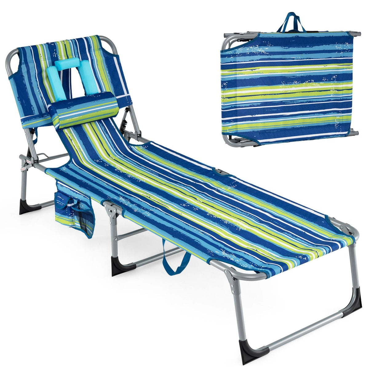 Set of 2 Folding Tanning Chairs with Face Holes, Blue and Green Stripe