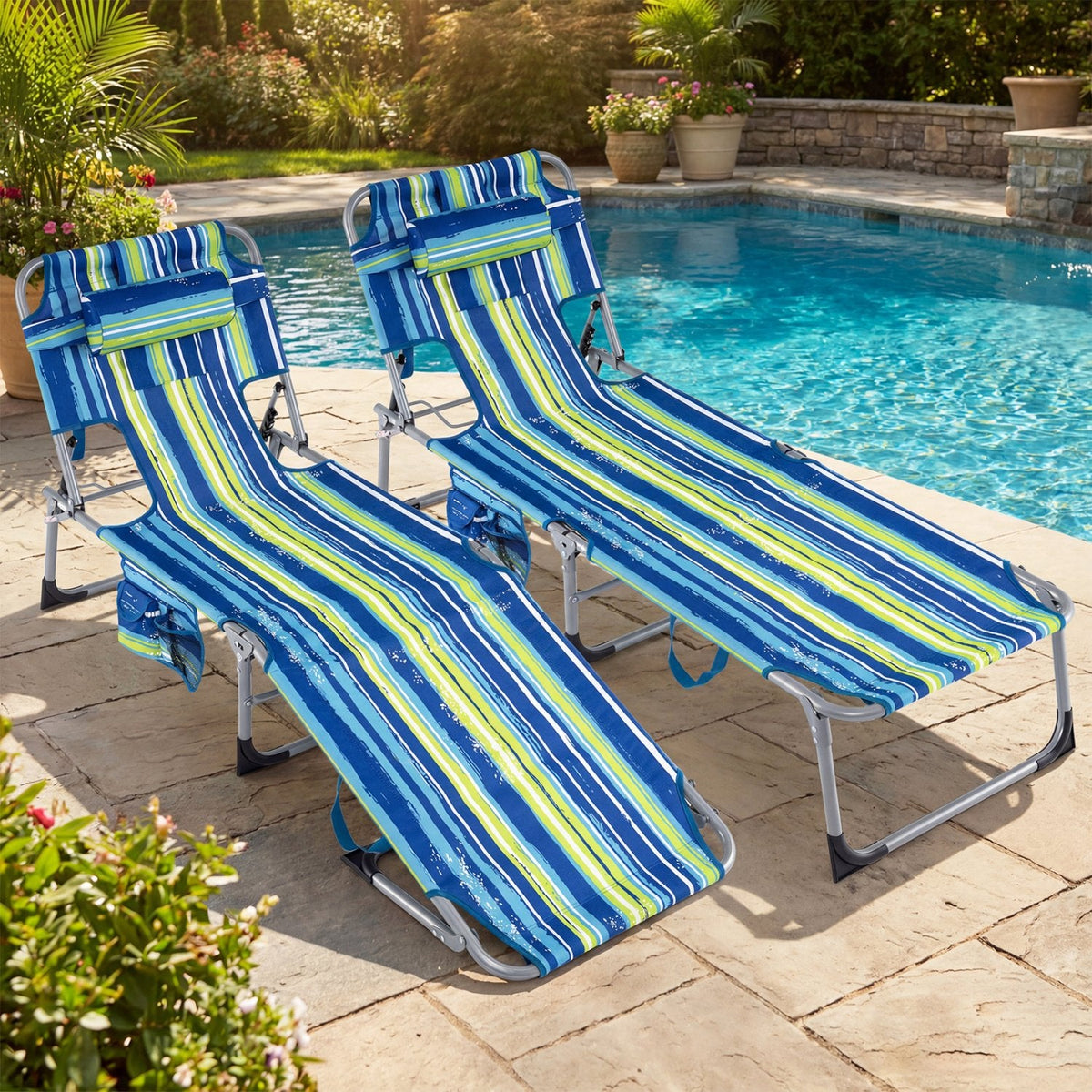 Set of 2 Folding Tanning Chairs with Face Holes, Blue and Green Stripe