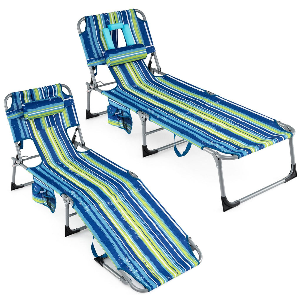 Set of 2 Folding Tanning Chairs with Face Holes, Blue and Green Stripe