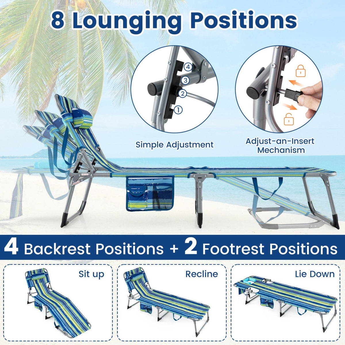 Set of 2 Folding Tanning Chairs with Face Holes, Blue and Green Stripe