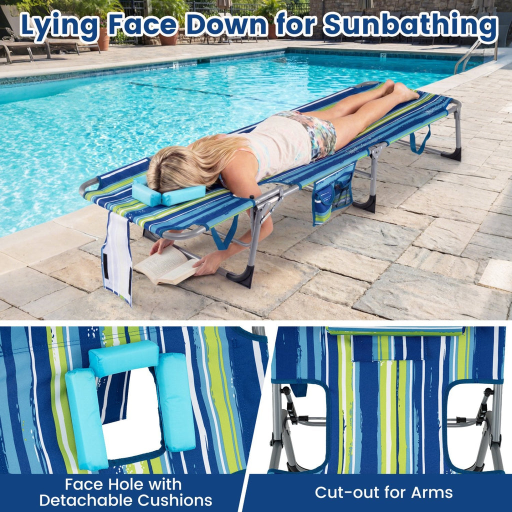 Set of 2 Folding Tanning Chairs with Face Holes, Blue and Green Stripe