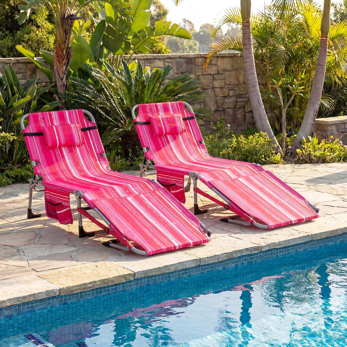 Set of 2 Folding Tanning Chairs with Locking Backrests, Pink Stripe