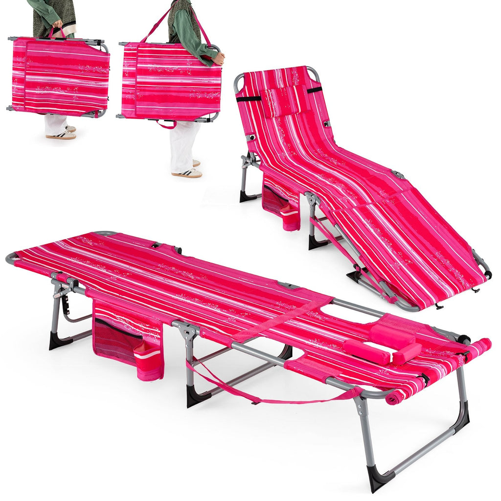 Set of 2 Folding Tanning Chairs with Locking Backrests, Pink Stripe