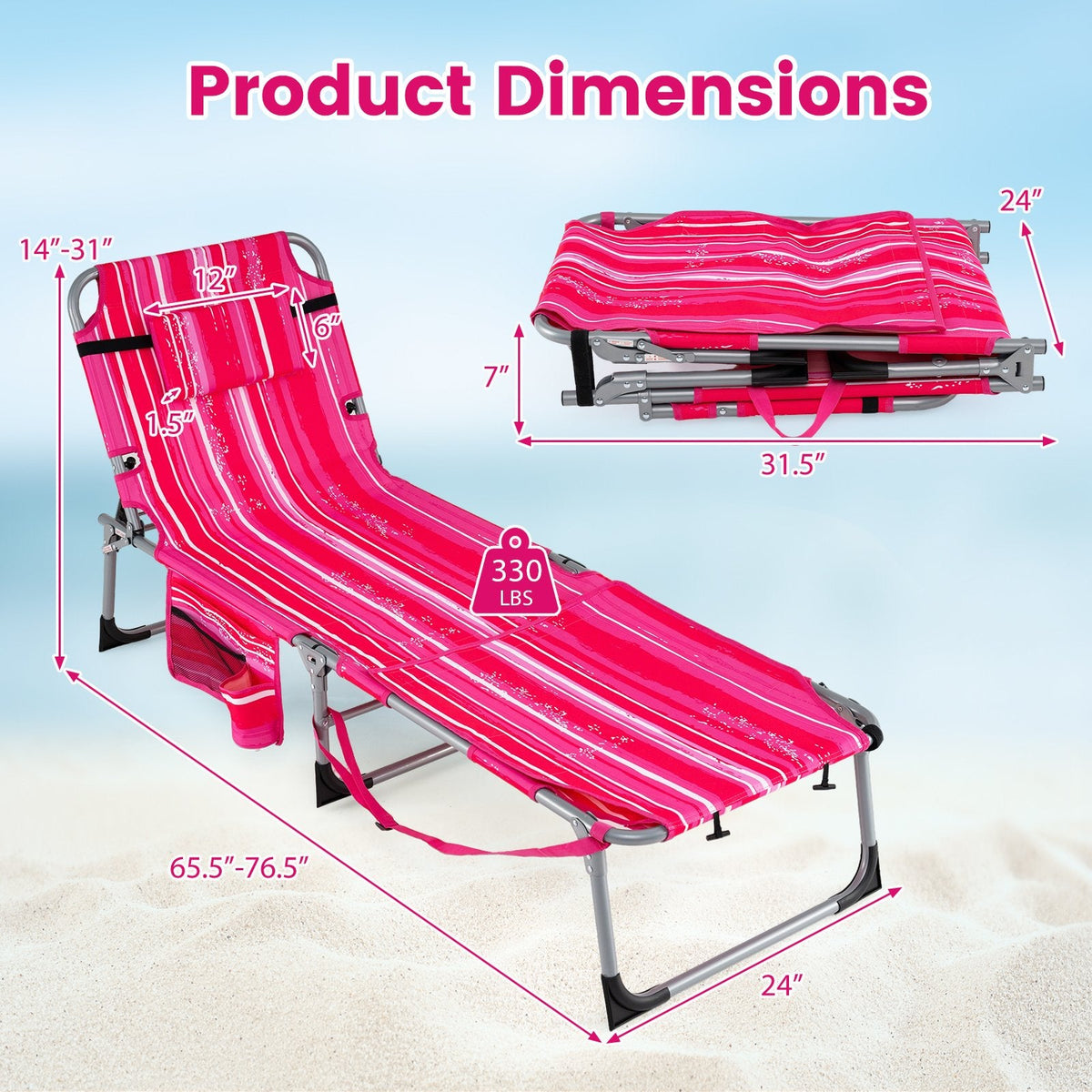 Set of 2 Folding Tanning Chairs with Locking Backrests, Pink Stripe