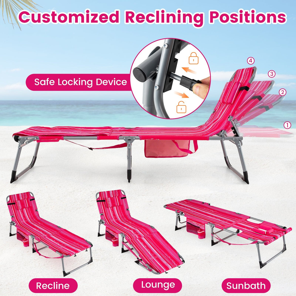 Set of 2 Folding Tanning Chairs with Locking Backrests, Pink Stripe