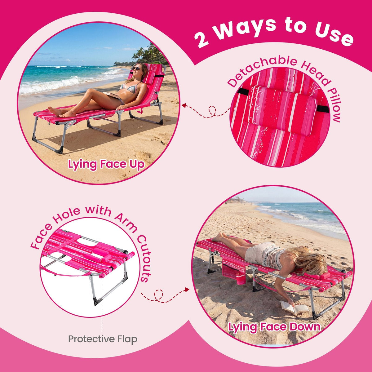Set of 2 Folding Tanning Chairs with Locking Backrests, Pink Stripe