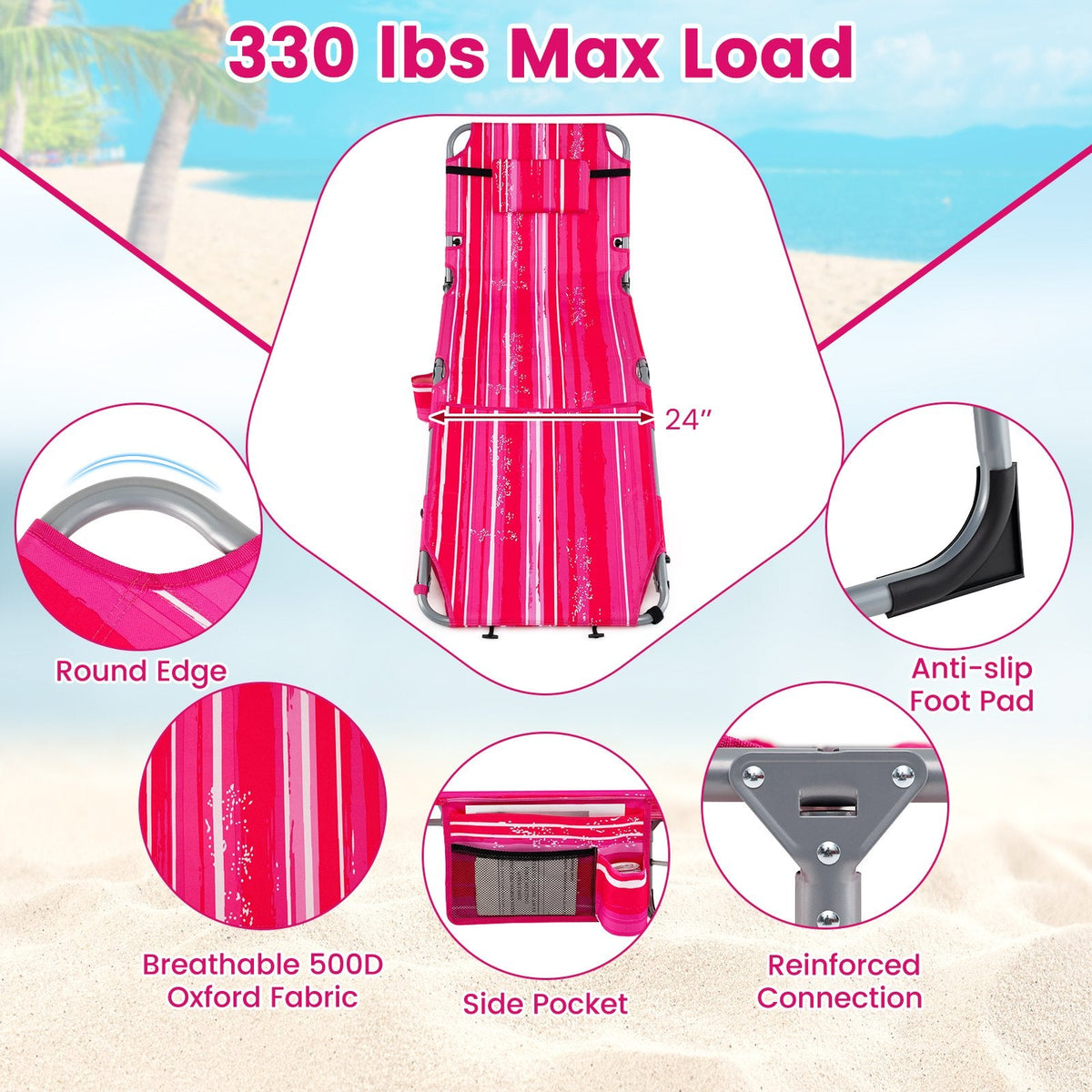 Set of 2 Folding Tanning Chairs with Locking Backrests, Pink Stripe