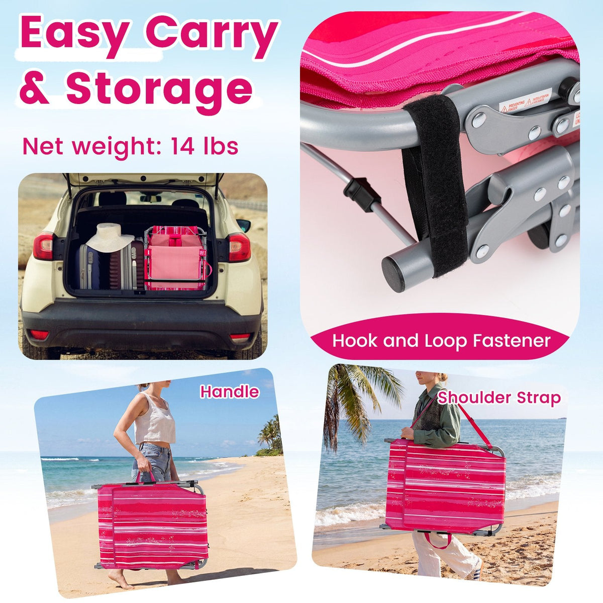 Set of 2 Folding Tanning Chairs with Locking Backrests, Pink Stripe
