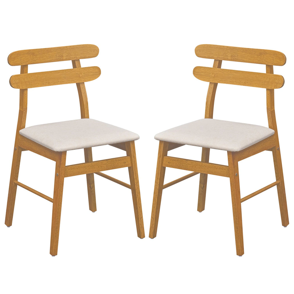 Set of 2 Natural Wood Dining Chairs with Twin Rail Back and Padded Linen Seat