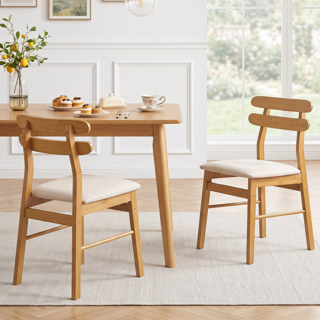 Set of 2 Natural Wood Dining Chairs with Twin Rail Back and Padded Linen Seat