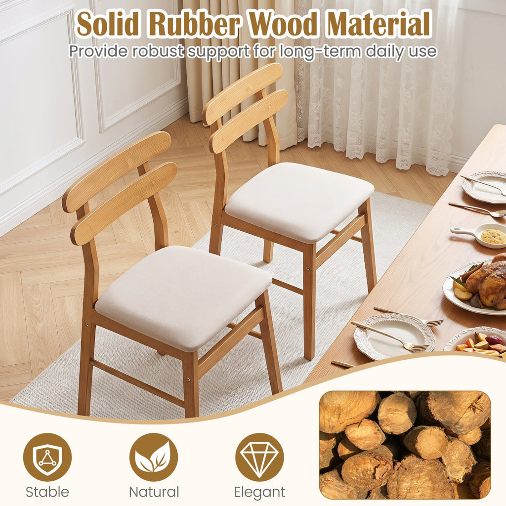 Set of 2 Natural Wood Dining Chairs with Twin Rail Back and Padded Linen Seat