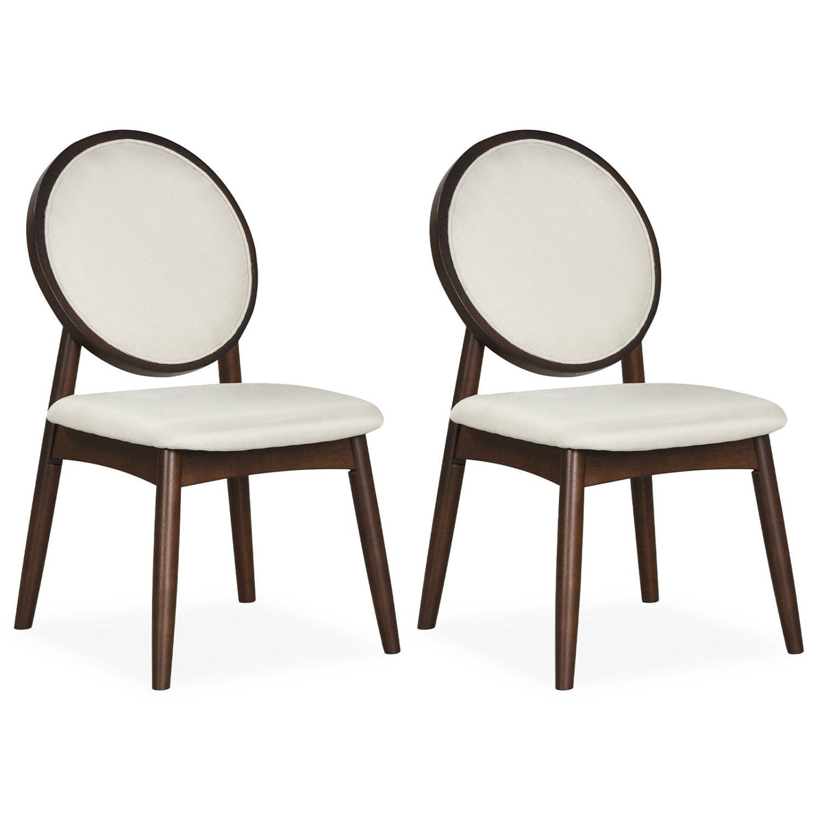 Set of 2 Round Back Dining Chairs, Beige Linen with Walnut Rubber Wood Legs