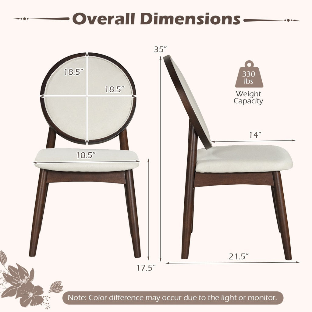 Set of 2 Round Back Dining Chairs, Beige Linen with Walnut Rubber Wood Legs