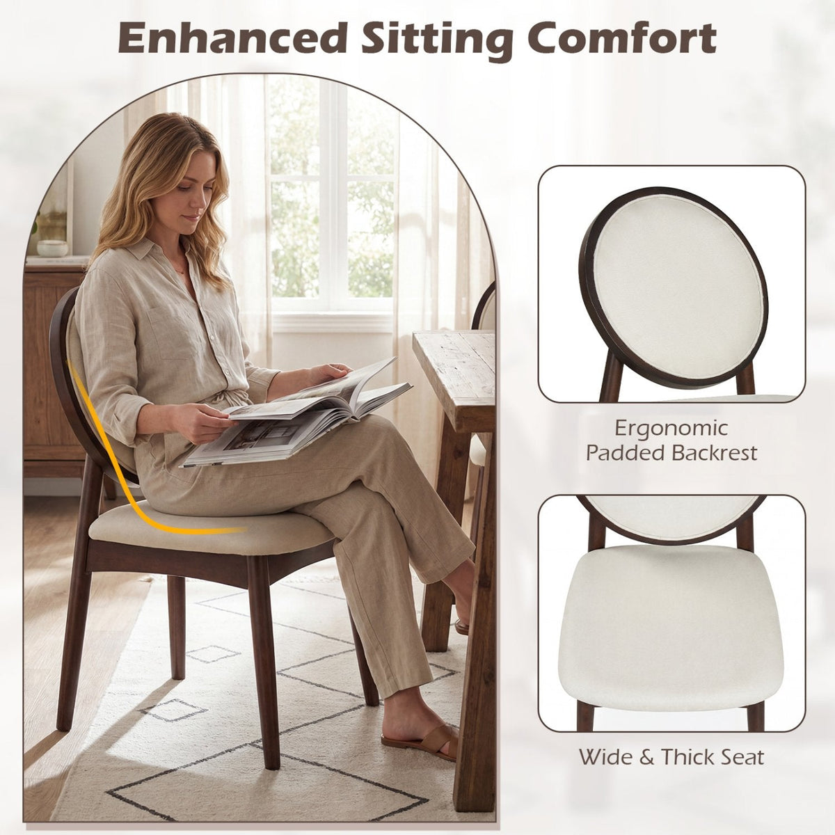 Set of 2 Round Back Dining Chairs, Beige Linen with Walnut Rubber Wood Legs