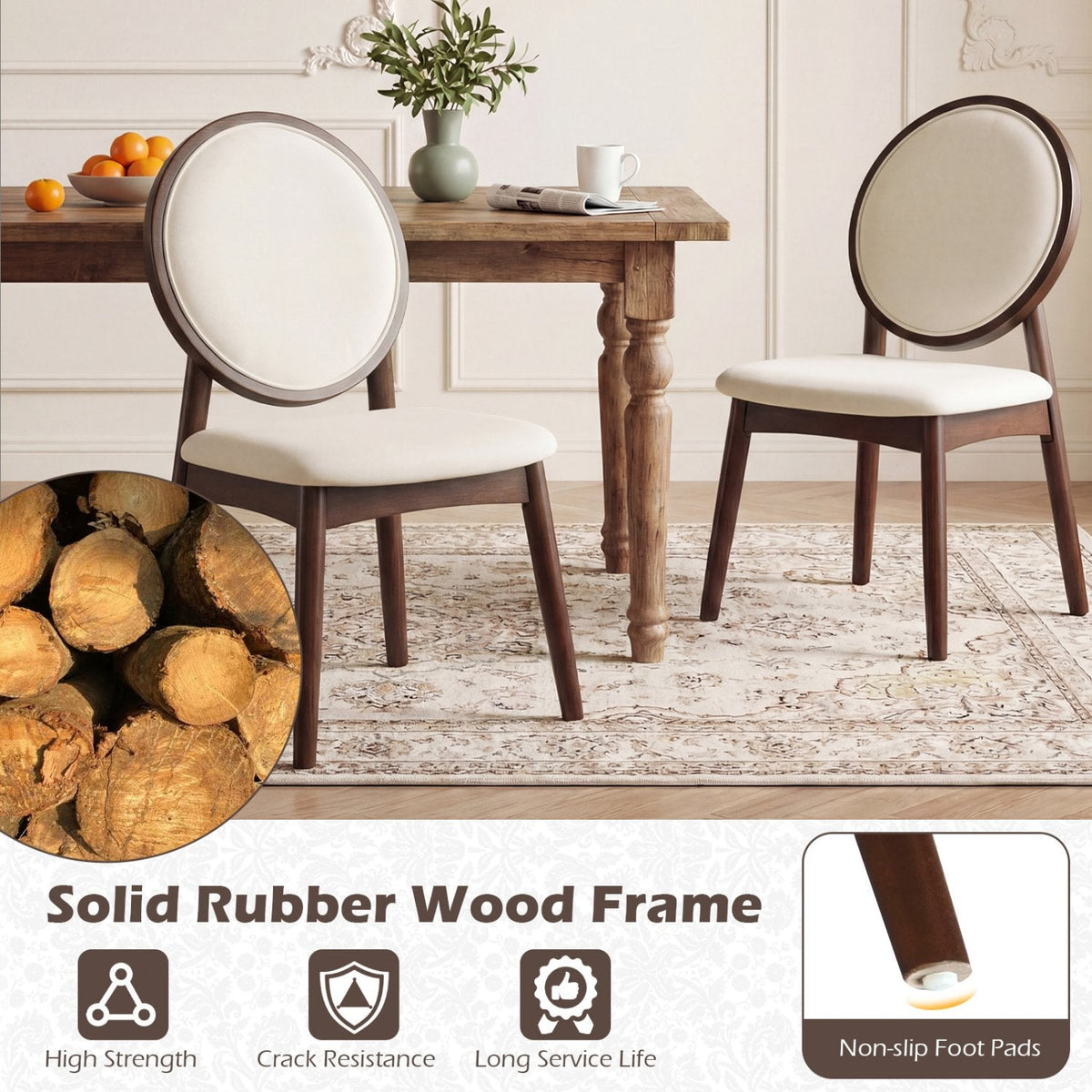 Set of 2 Round Back Dining Chairs, Beige Linen with Walnut Rubber Wood Legs