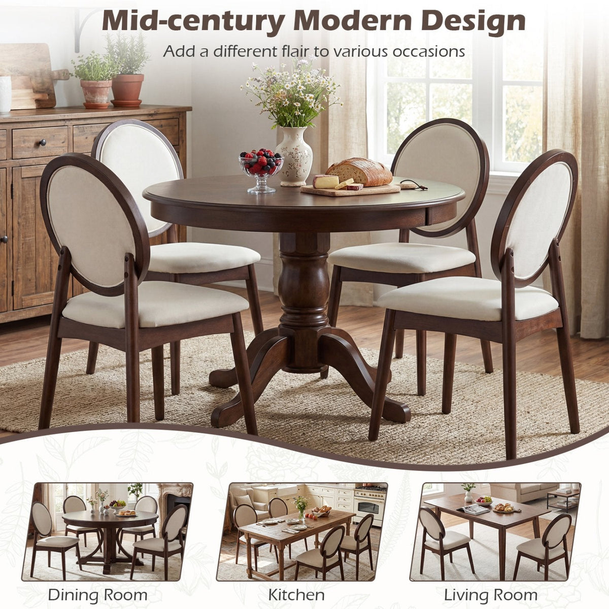 Set of 2 Round Back Dining Chairs, Beige Linen with Walnut Rubber Wood Legs