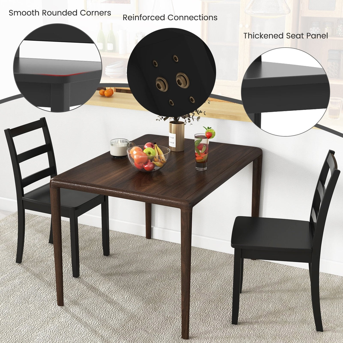Set of 2 Ladder Back Dining Chairs with Wood Seat, Black