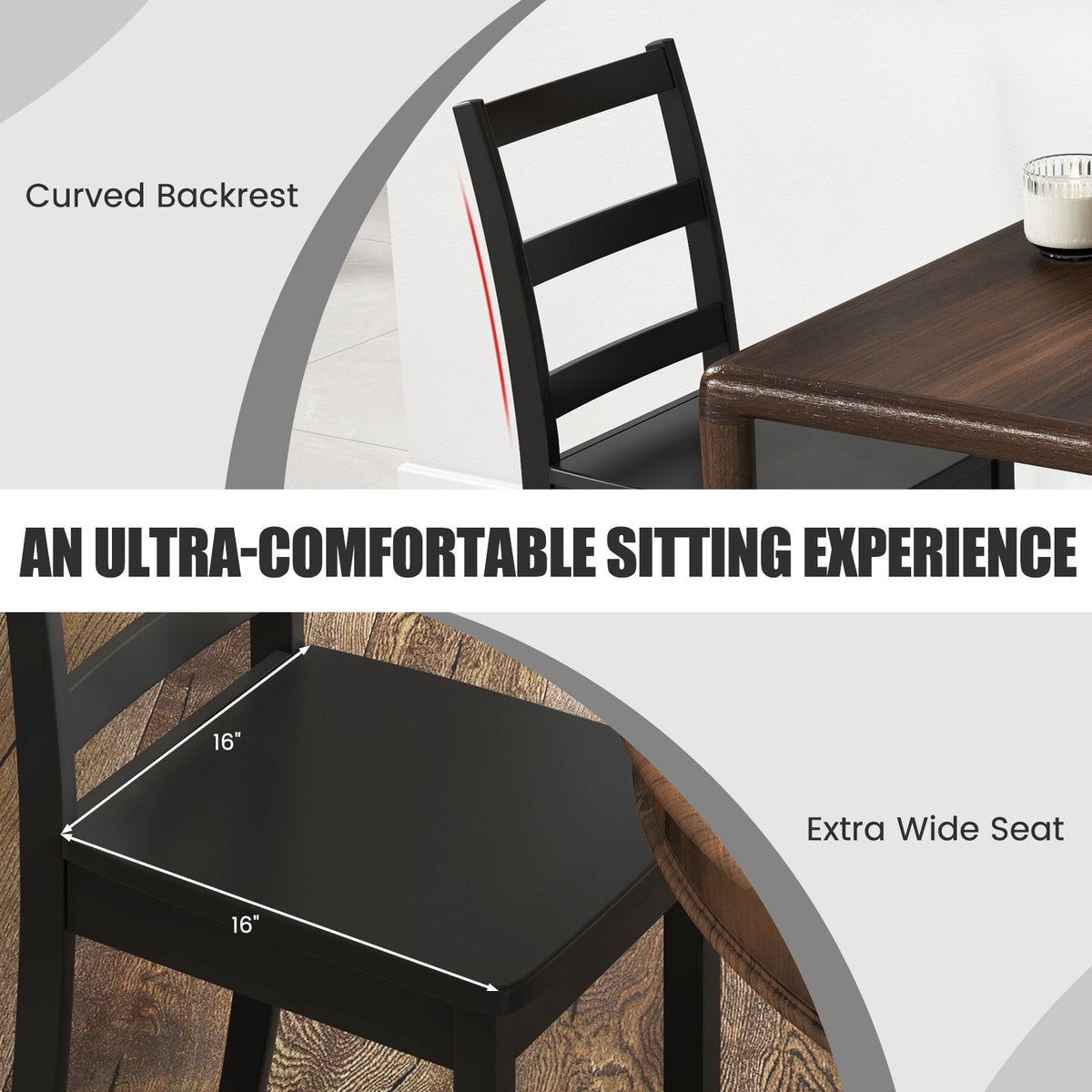 Set of 2 Ladder Back Dining Chairs with Wood Seat, Black