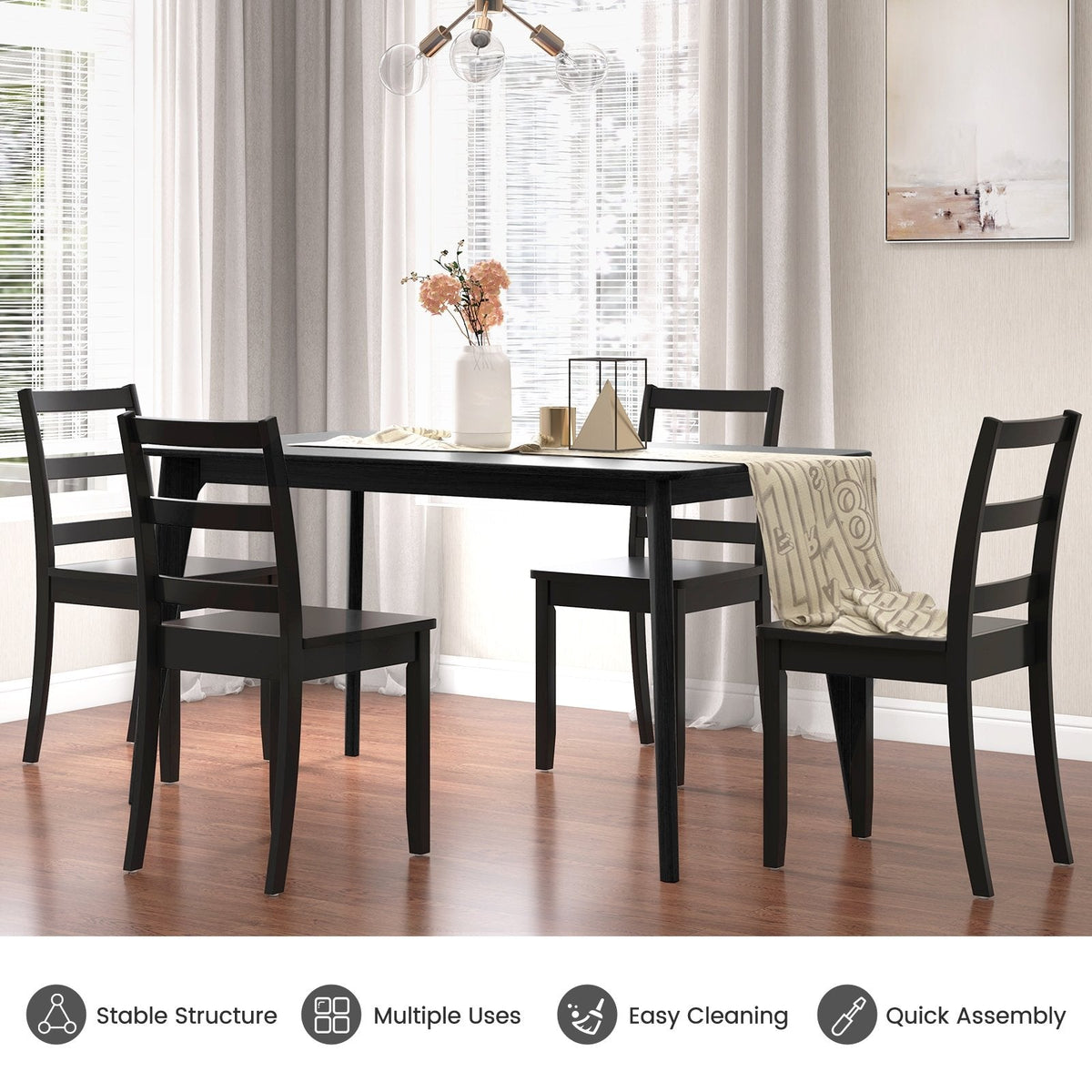 Set of 2 Ladder Back Dining Chairs with Wood Seat, Black