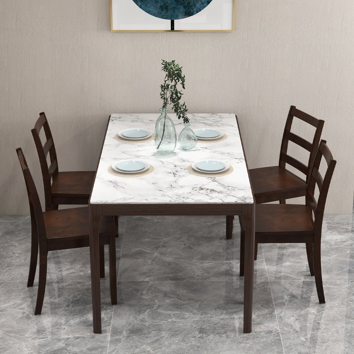Set of 2 Ladder Back Dining Chairs with Wood Seat, Brown