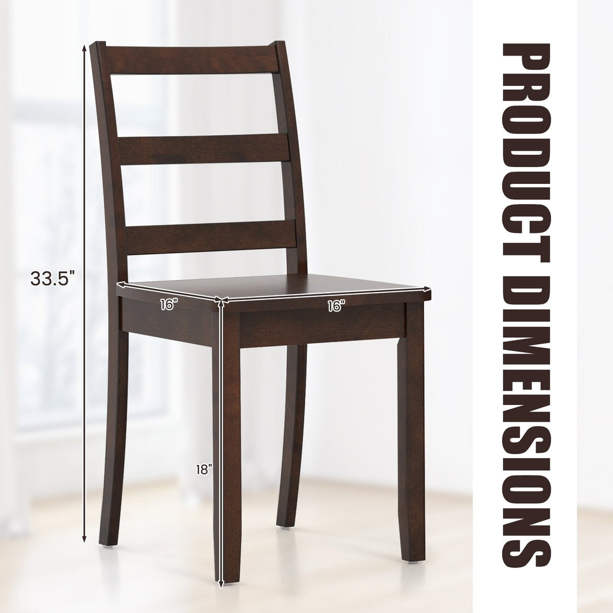 Set of 2 Ladder Back Dining Chairs with Wood Seat, Brown
