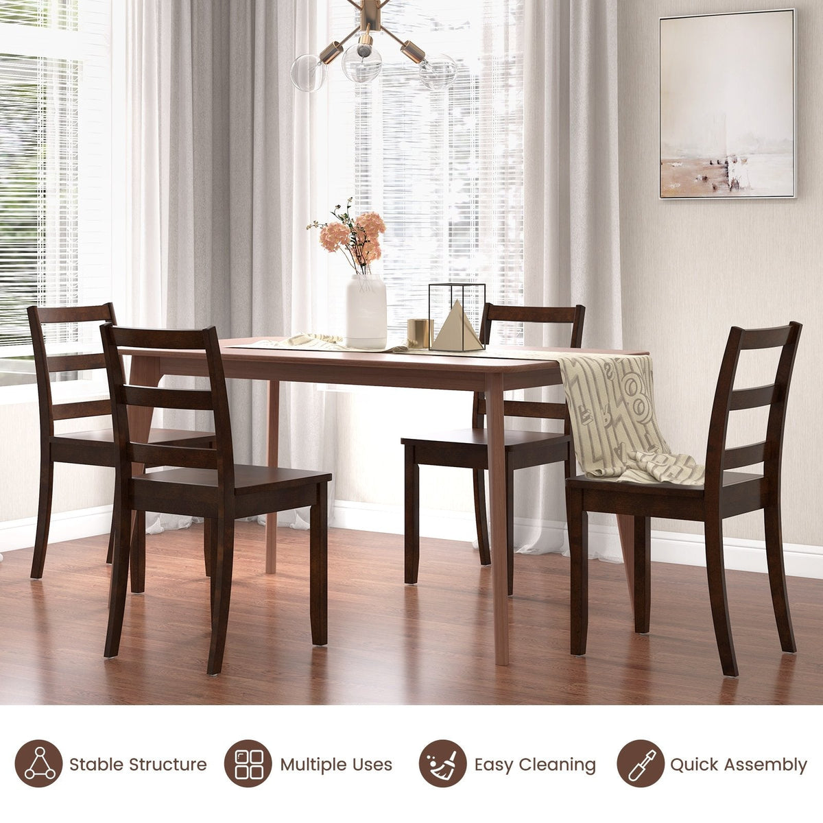 Set of 2 Ladder Back Dining Chairs with Wood Seat, Brown
