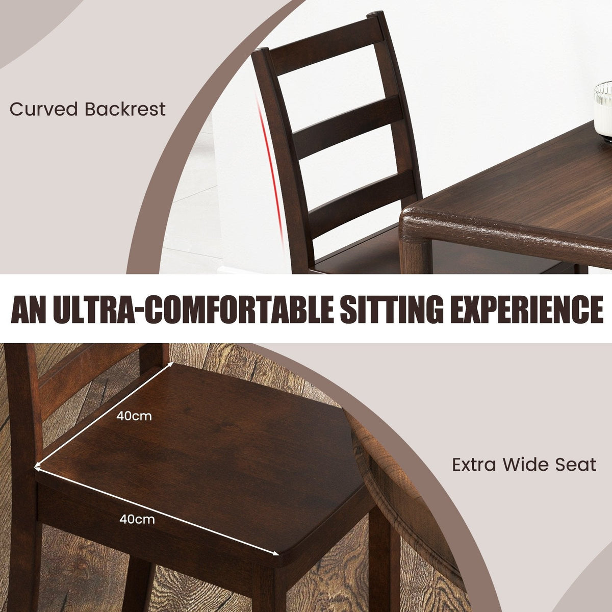 Set of 2 Ladder Back Dining Chairs with Wood Seat, Brown