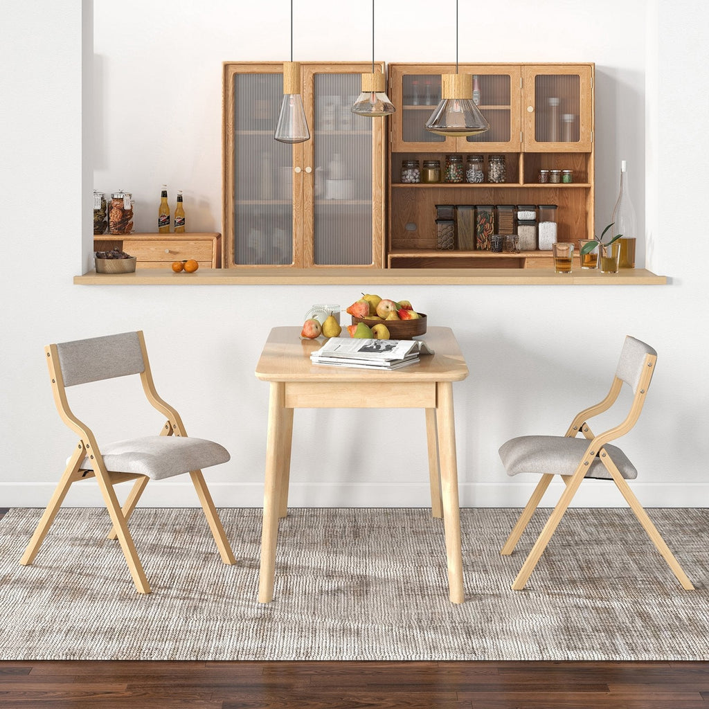 Set of 2 Folding Wooden Dining Chairs with Padded Linen Seat and Back, Natural