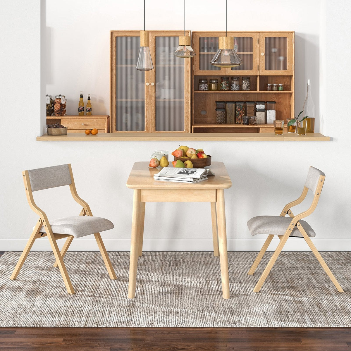 Set of 2 Folding Wooden Dining Chairs with Padded Linen Seat and Back, Natural