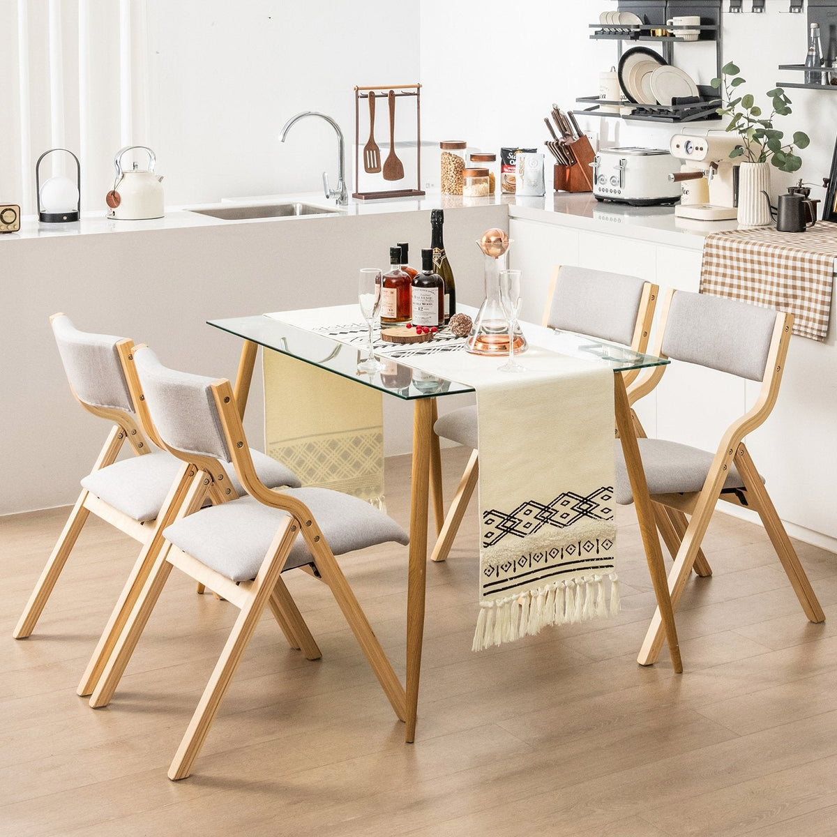 Set of 2 Folding Wooden Dining Chairs with Padded Linen Seat and Back, Natural