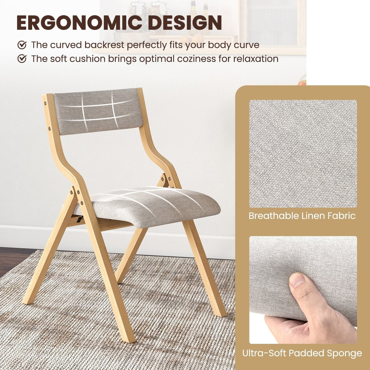 Set of 2 Folding Wooden Dining Chairs with Padded Linen Seat and Back, Natural