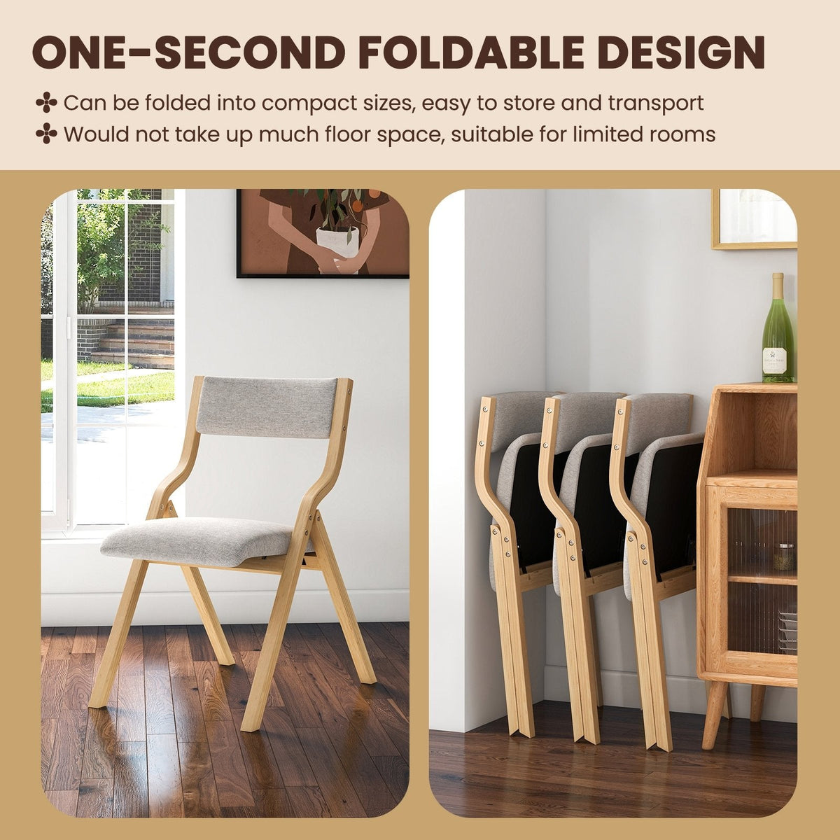 Set of 2 Folding Wooden Dining Chairs with Padded Linen Seat and Back, Natural