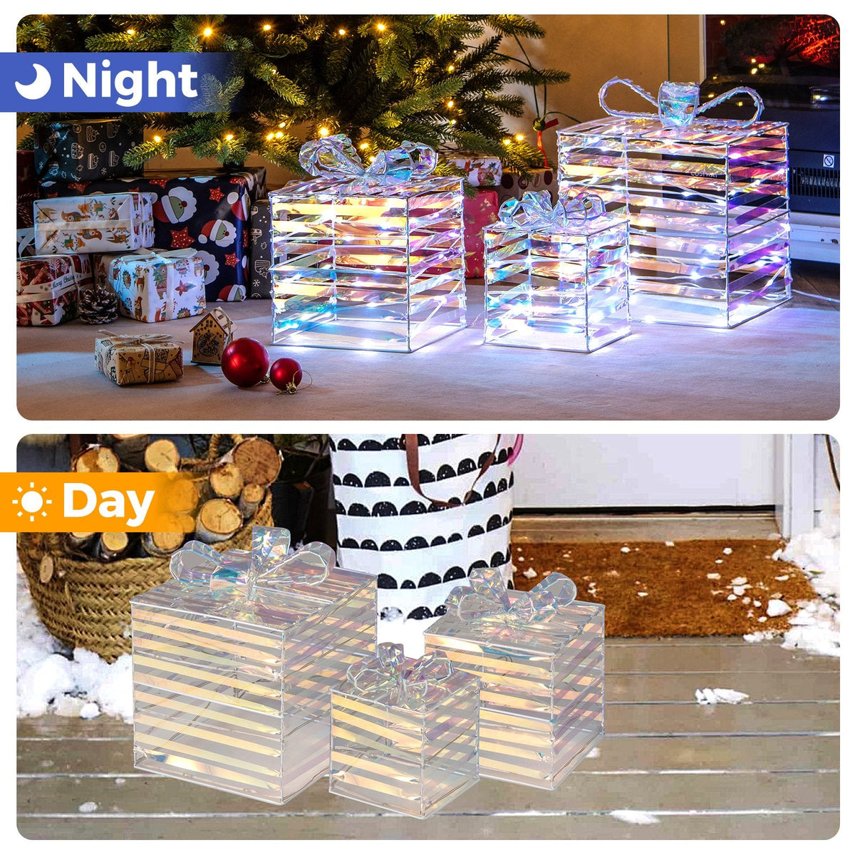 Set of 3 Christmas Lighted Gift Boxes with Bows and Plug