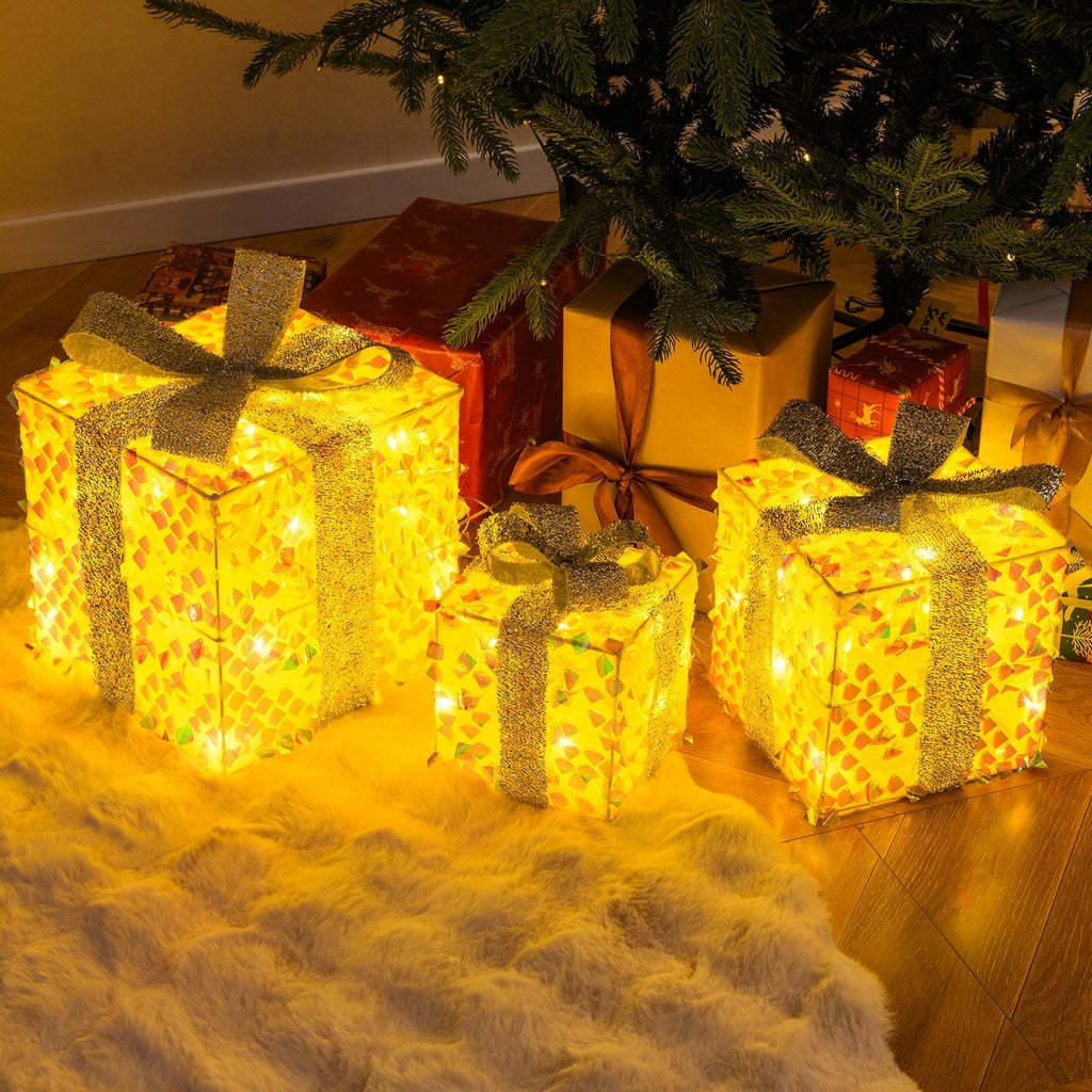Set of 3 Christmas Lighted Gift Boxes with Pre-lit 90 LED Light and Bows