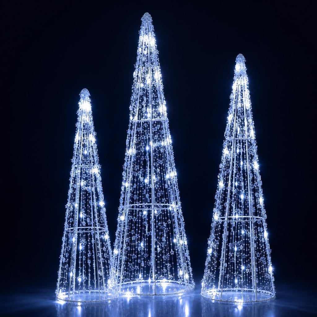 Set of 3 Pre-lit Christmas Cone Trees with Star Strings for Christmas-Cold White