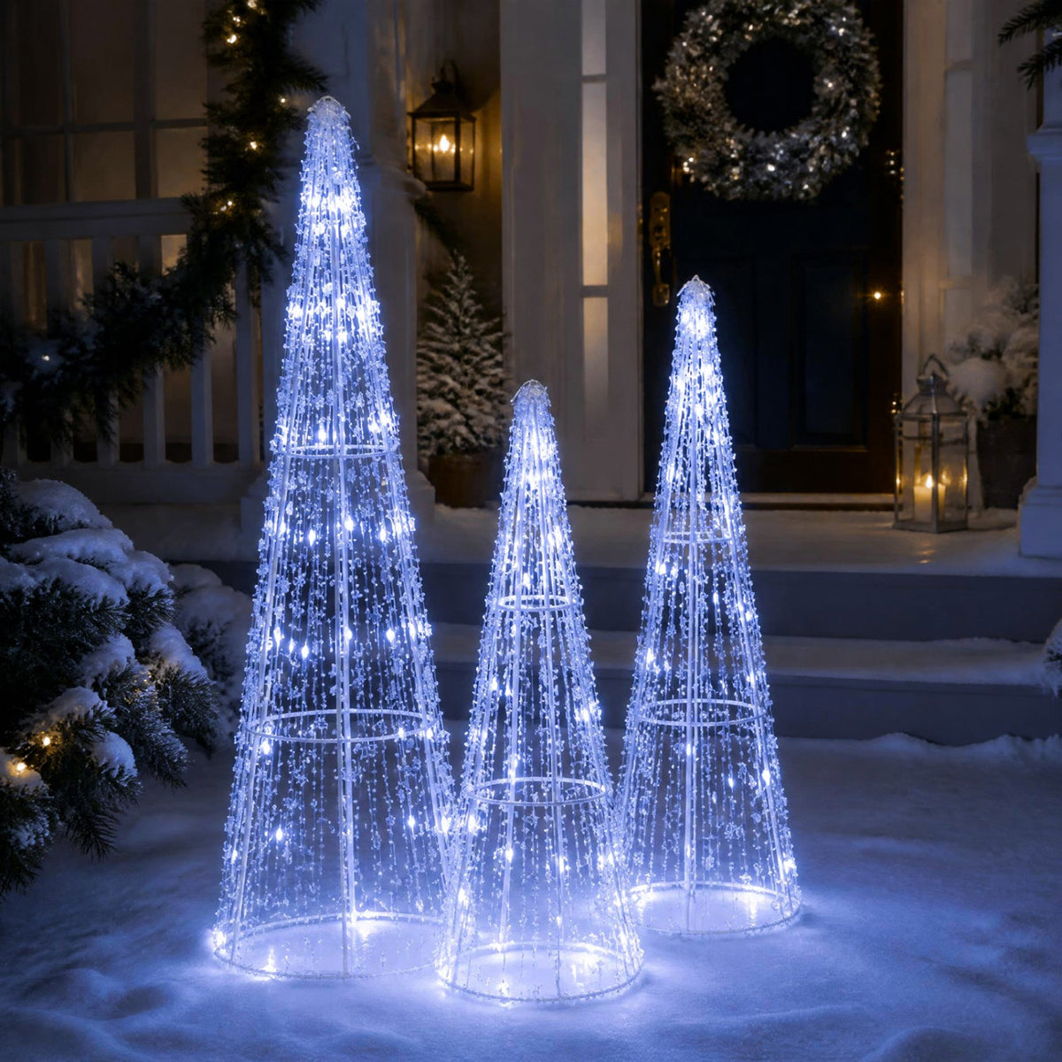 Set of 3 Pre-lit Christmas Cone Trees with Star Strings for Christmas-Cold White