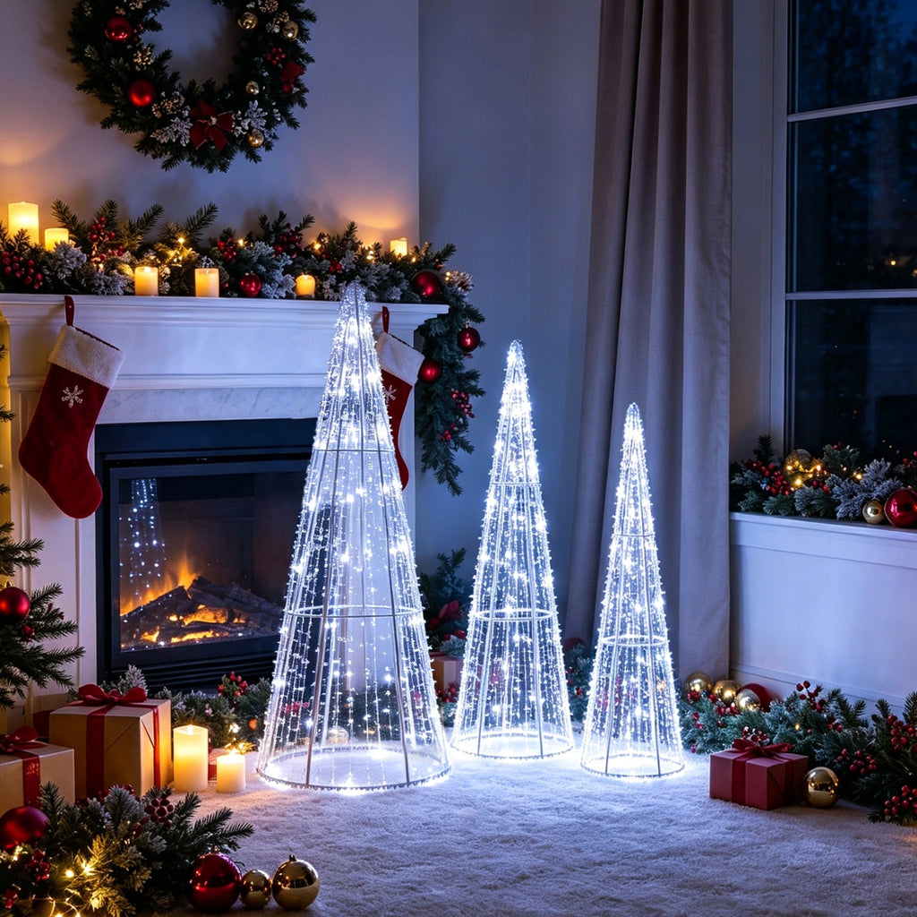 Set of 3 Pre-lit Christmas Cone Trees with Star Strings for Christmas-Cold White