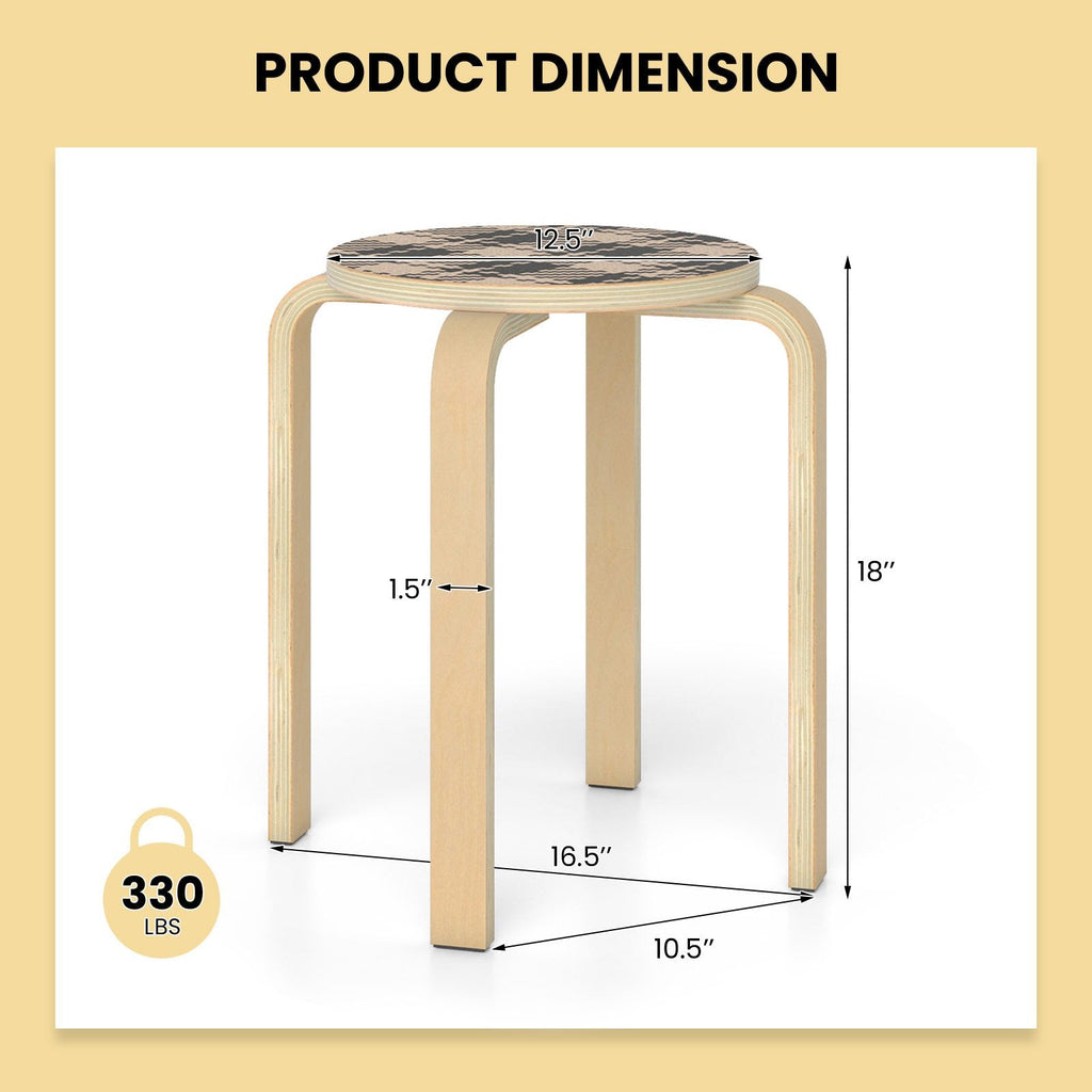 Set of 4 Stackable Bentwood Stools with Patterned Round Seat, 18 Inch