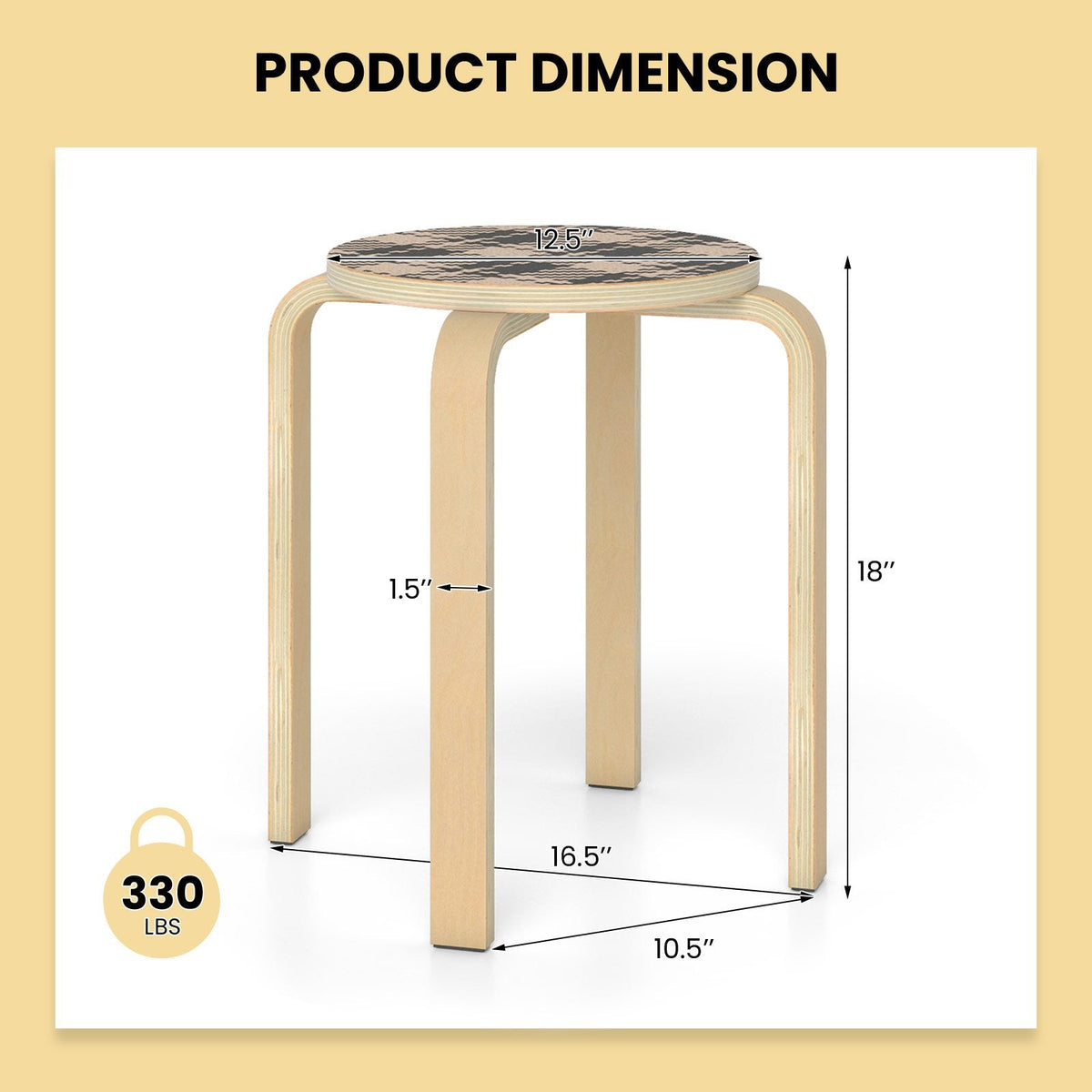 Set of 4 Stackable Bentwood Stools with Patterned Round Seat, 18 Inch