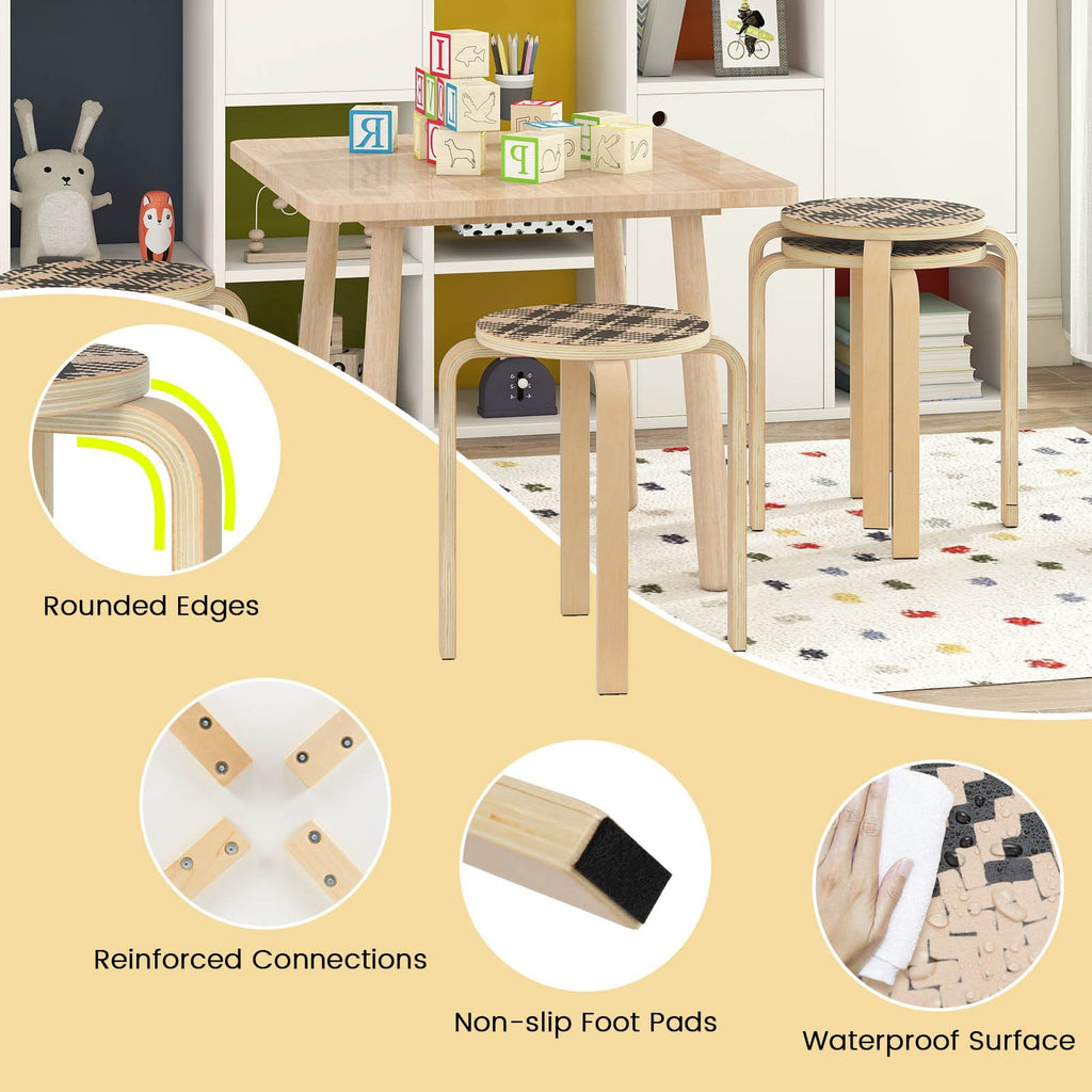 Set of 4 Stackable Bentwood Stools with Patterned Round Seat, 18 Inch