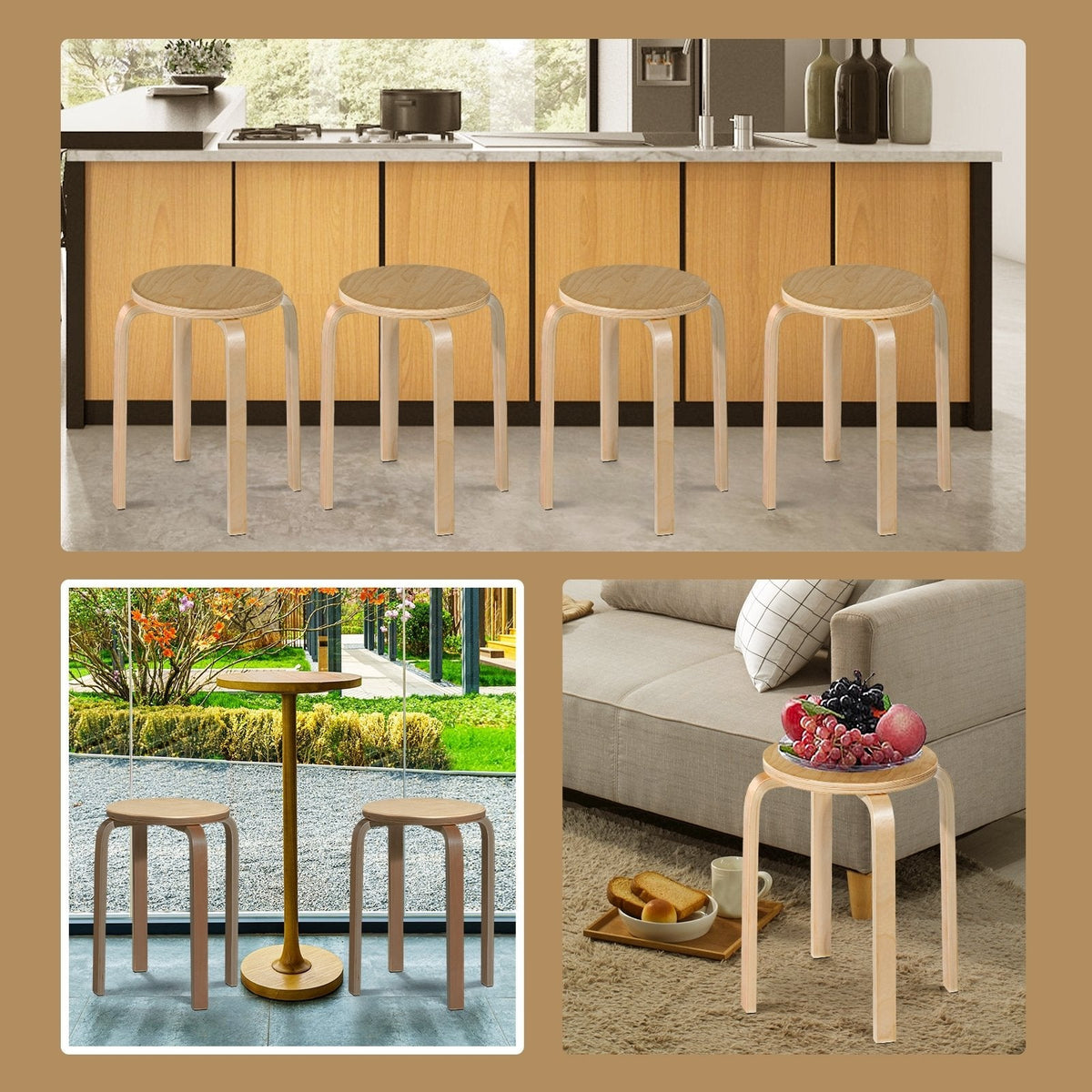 Set of 4 Stackable Bentwood Stools with Round Seat, Natural, 18 Inch