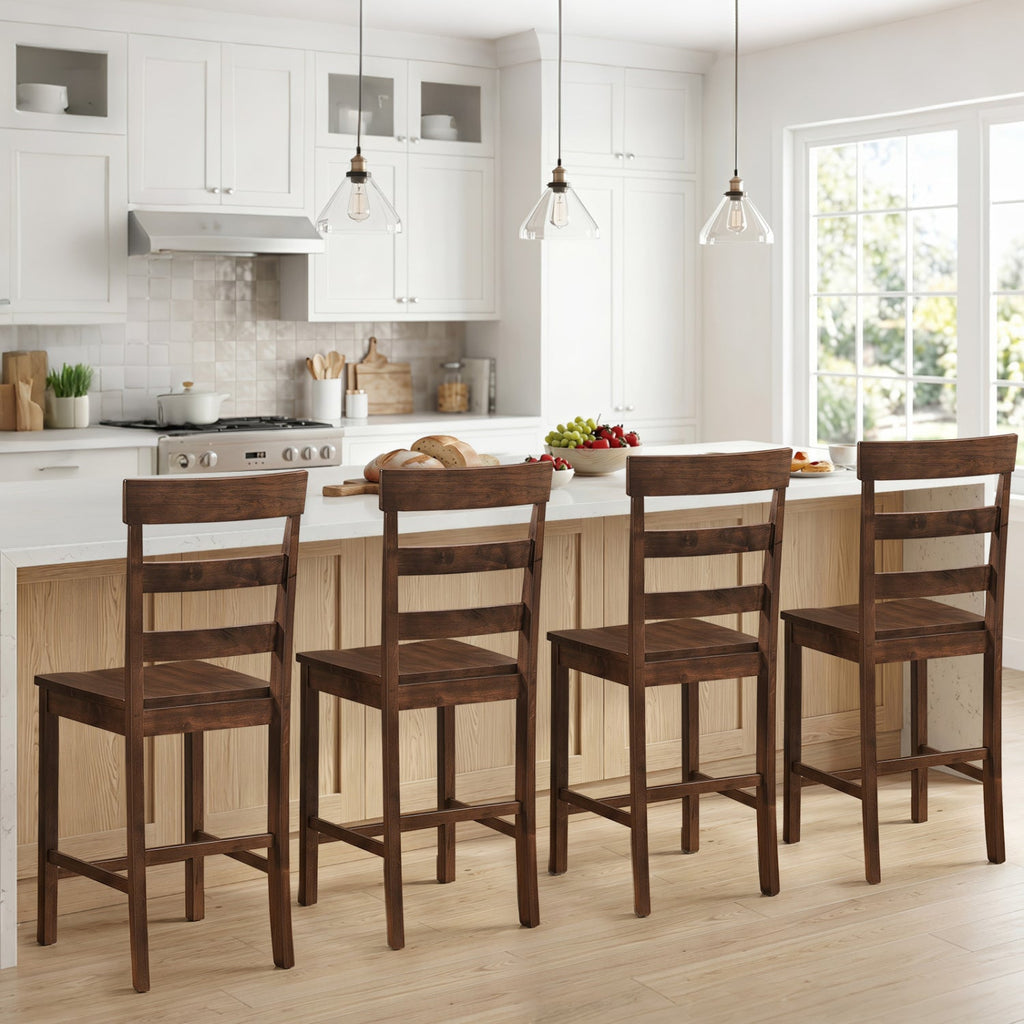 Set of 4 Ladder Back Counter Stools in Walnut with Timber Seats, 24 Inch Seat