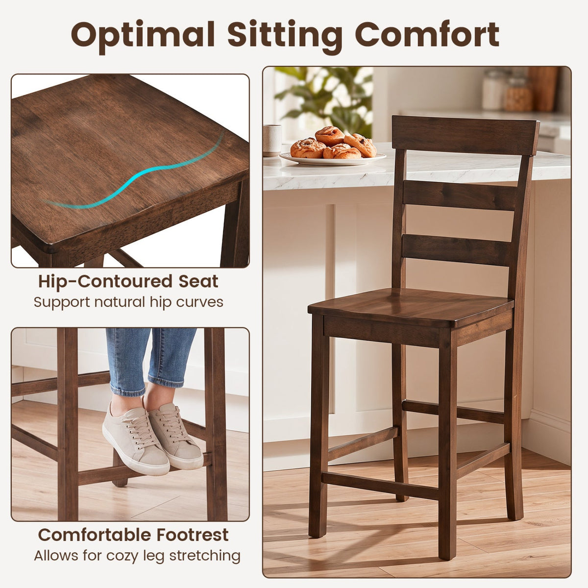 Set of 4 Ladder Back Counter Stools in Walnut with Timber Seats, 24 Inch Seat
