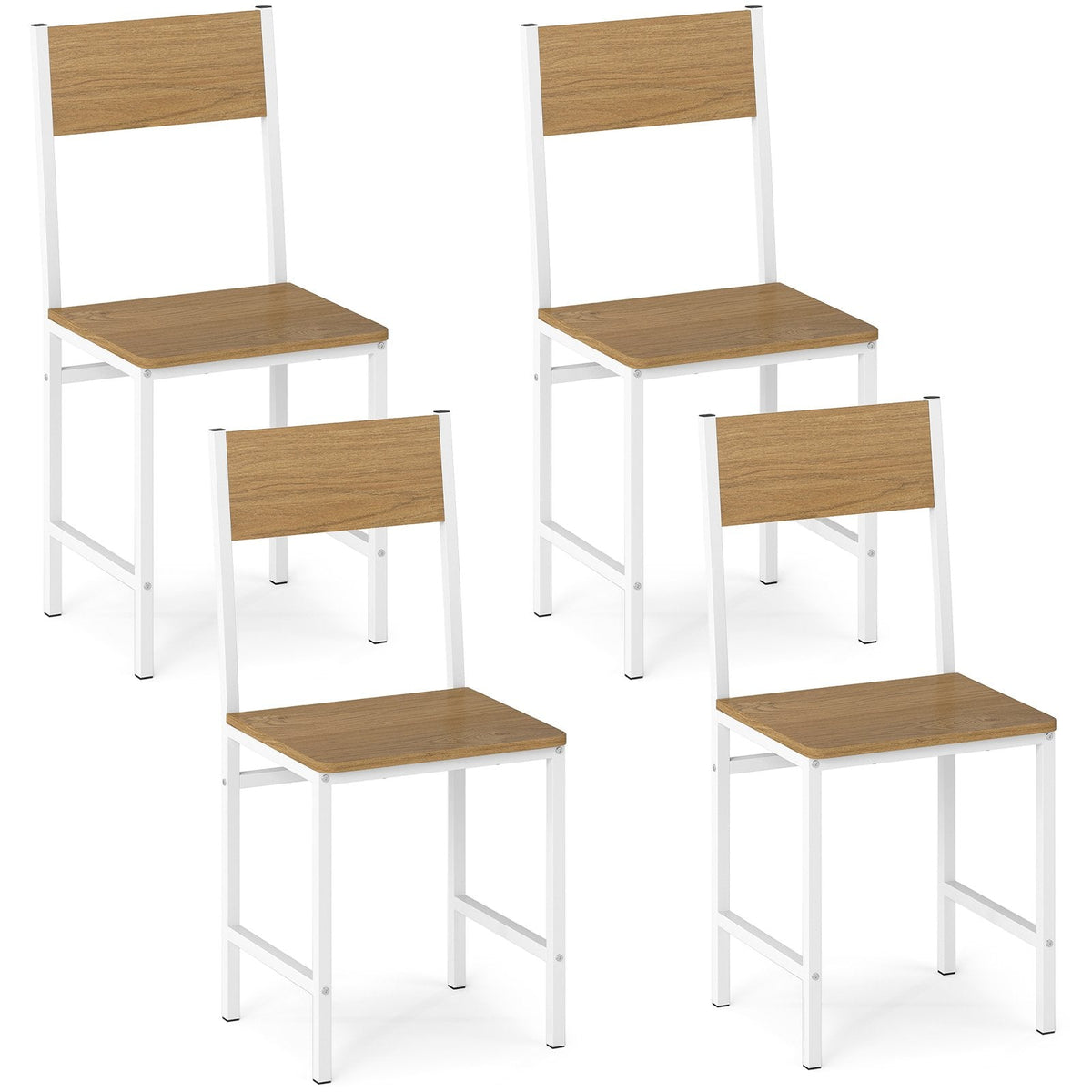 Set of 4 Industrial Dining Chairs, Light Oak Panels with White Metal Frame