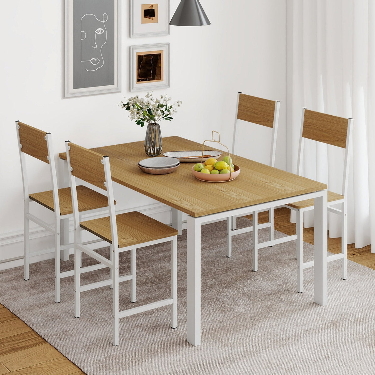 Set of 4 Industrial Dining Chairs, Light Oak Panels with White Metal Frame