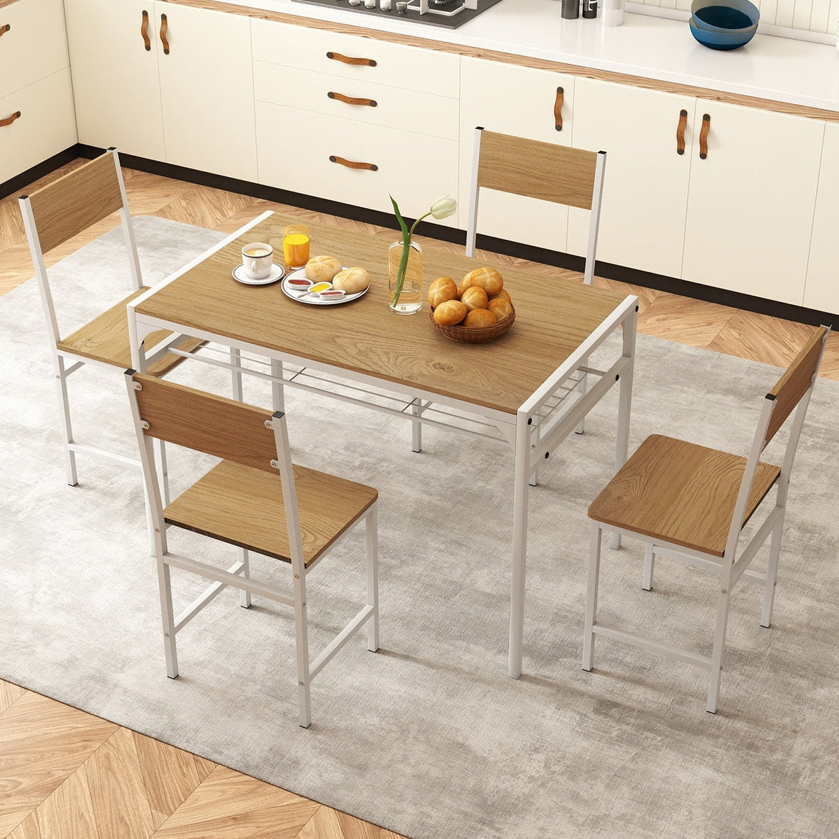 Set of 4 Industrial Dining Chairs, Light Oak Panels with White Metal Frame