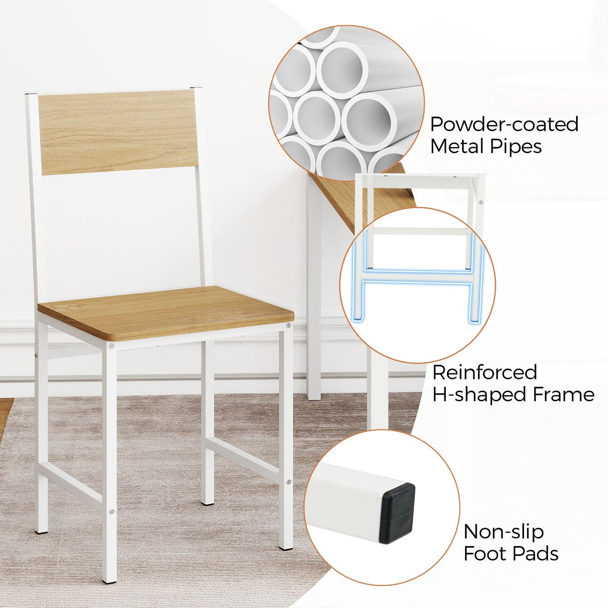 Set of 4 Industrial Dining Chairs, Light Oak Panels with White Metal Frame
