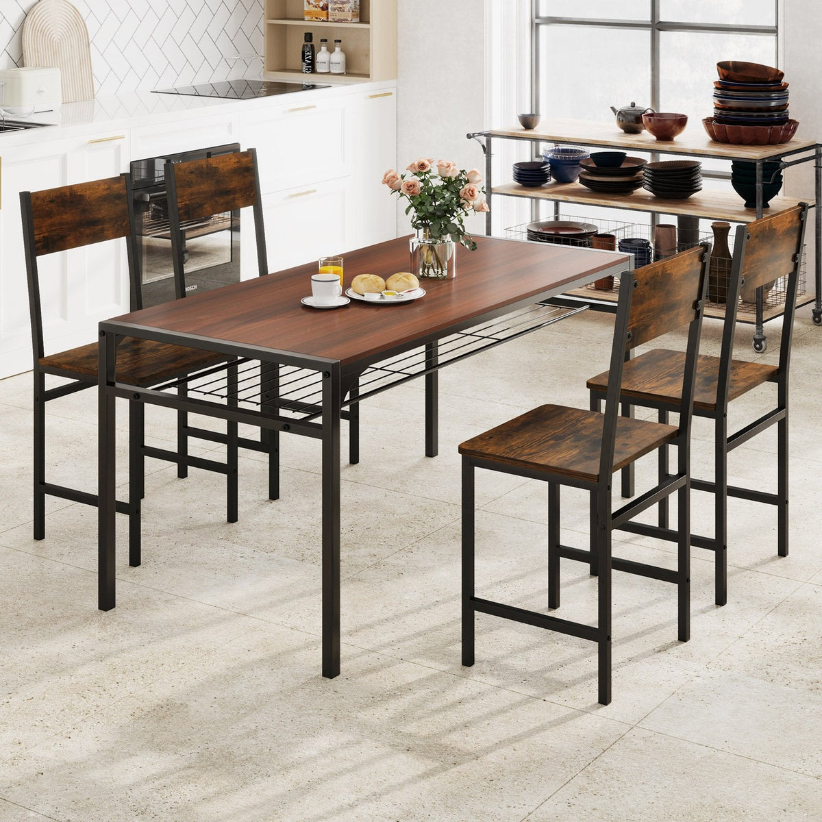Set of 4 Industrial Dining Chairs, Rustic Brown Panels with Black Metal Frame